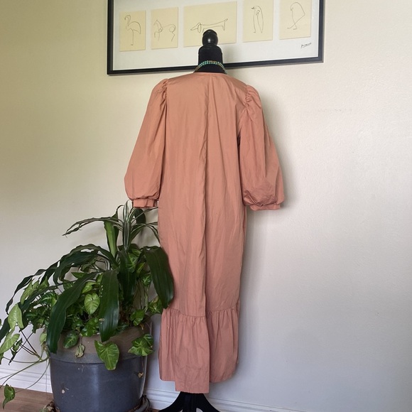 A New Day Long Puff Sleeve V-Neck Midi Dress Ruffle Hem Pockets - Picture 4 of 12